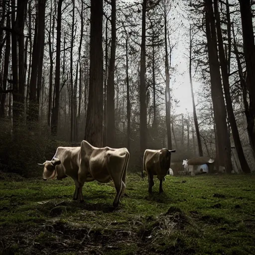 Image similar to DLSR photograph of several cows looking at the camera, in creepy forest, night-time, low lighting, eyes glinting