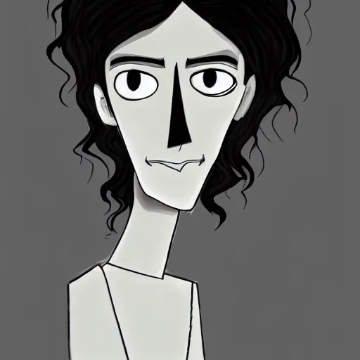 Image similar to young man portrait, black hair, skinny, sleep deprived, corpse bride art style