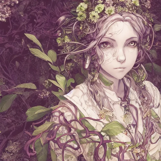 Image similar to the portrait of chaotic good female druid botanist as absurdly beautiful, gorgeous, elegant, young anime girl, an ultrafine hyperdetailed illustration by kim jung gi, irakli nadar, intricate linework, sharp focus, bright colors, octopath traveler, final fantasy, unreal engine 5 highly rendered, global illumination, radiant light, detailed and intricate environment