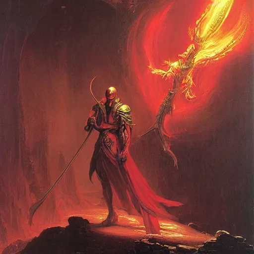 Prompt: A red demon mage. He is wearing mage armor and a crown. He is frowning seriously. Award winning oil painting by Thomas Cole and Wayne Barlowe