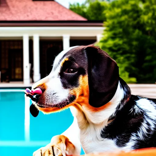 Image similar to a very detailed photo of a dog smoking a cigar outside the mansion by the pool