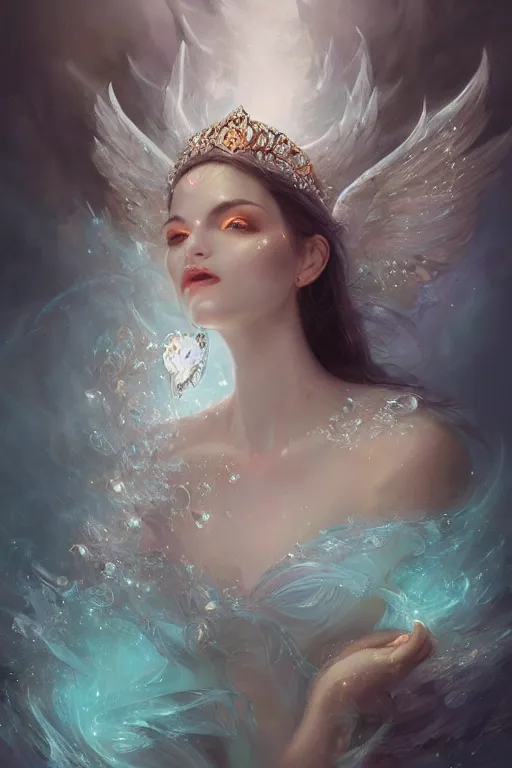 Prompt: beautiful princess floating on water with face covered with diamonds wearing frost velvet, diamonds, angel, fantasy, dramatic lighting, highly detailed, digital painting, magic the gathering, hyper detailed, 3 d render, hyper realistic detailed portrait, peter mohrbacher, wlop, ruan jia