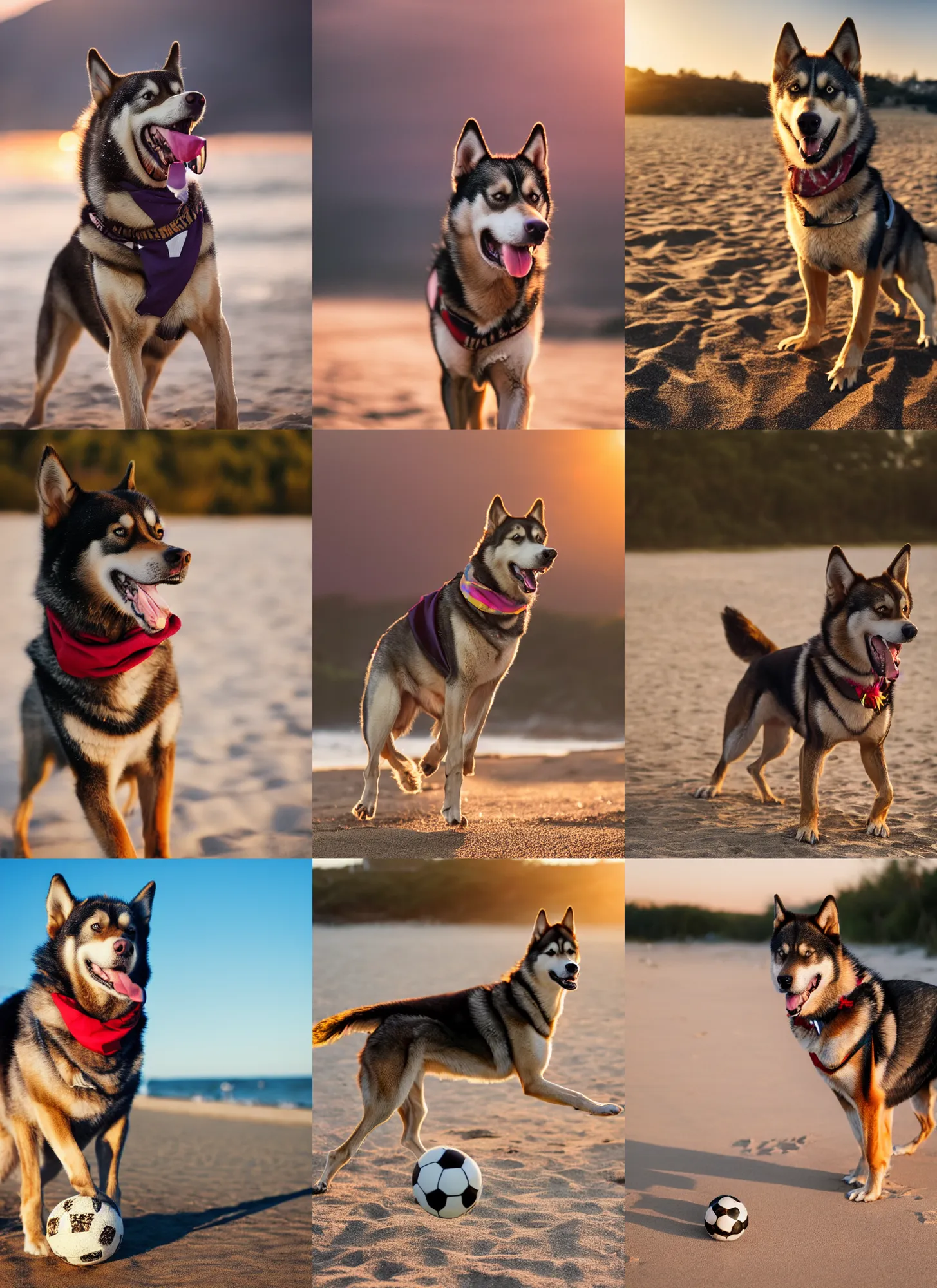 Prompt: a playful brown husky wearing a bandana and glasses, playing soccer at the beach, Golden hour, bokeh, 4k photo,