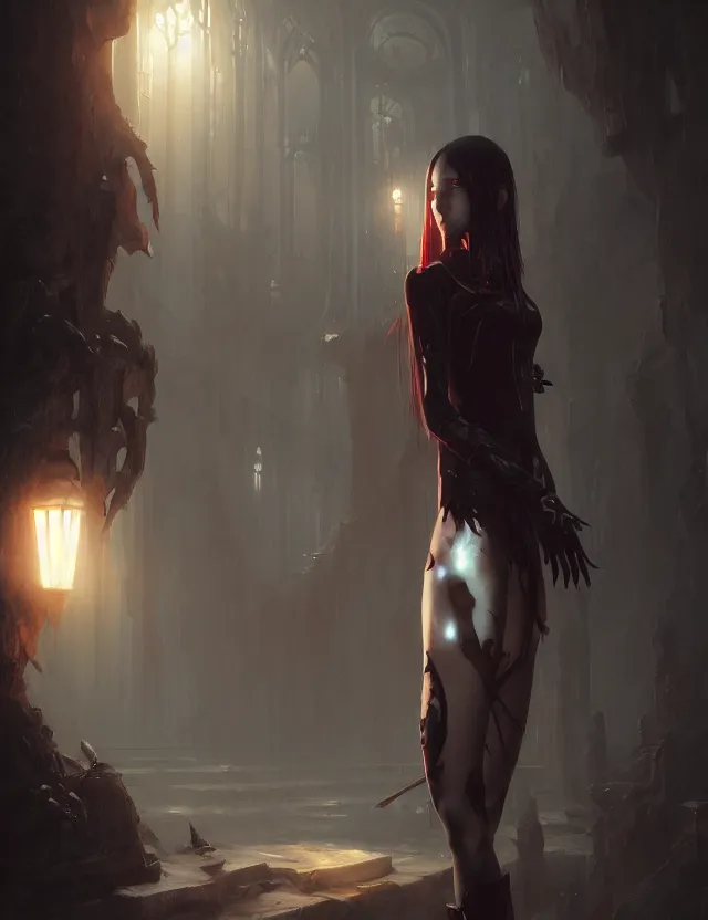 Prompt: gentle vampire, slender girl, silver skin, wonderful eyes, 8 k uhd, unreal engine, octane rendering in the artistic style of finnian mcmanus, john park and greg rutkowski, radiant light, detailed and complex environment, art station trends