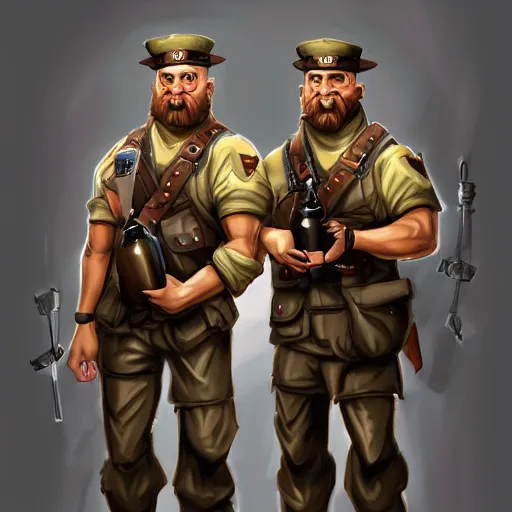 Image similar to two humanoid german shepherds beast - men in military style, they holding a beer, artstation, concept art, smooth, sharp foccus ilustration, artstation