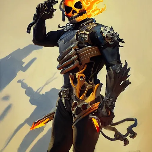 Image similar to greg manchess portrait painting of ghost rider as overwatch character, medium shot, asymmetrical, profile picture, organic painting, sunny day, matte painting, bold shapes, hard edges, street art, trending on artstation, by huang guangjian and gil elvgren and sachin teng