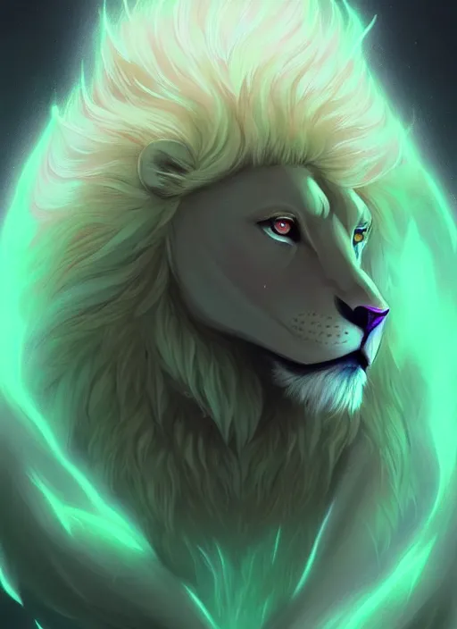 Image similar to !dream aesthetic portrait commission of an albino male furry anthro lion wearing a mint colored thin cloack, pastel Neon lense flares. Atmospheric. Character design by charlie bowater, ross tran, artgerm, and makoto shinkai, detailed, inked, western comic book art, 2021 award winning painting