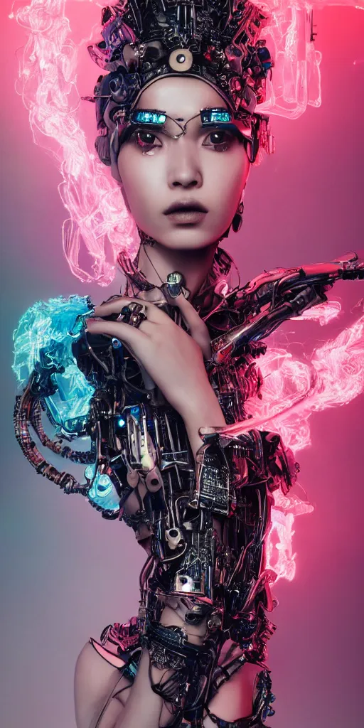 Image similar to hyperrealistic futuristic high fashion photography, girl in studio, full body, cybernetic parts by luis royo, asian, vogue magazine, nomad masterpiece, nano parts, neon lights, smoke, eerie music, beautiful intricate face and flawless skin, tribal jewelry, tattoos, perfect hands, head piece, by Edgar Maxence and Ross Tran and Michael Whelan, 8k, octane render