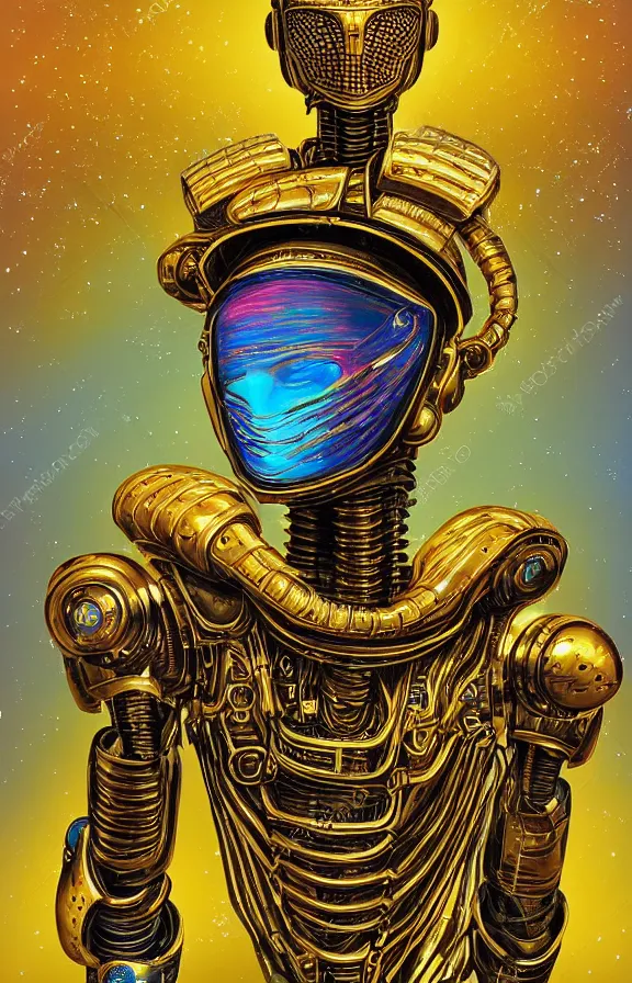 Image similar to portrait of a robot humanoid alien with golden armature and medieval helmet. Galactic iridescent background in the style of Tim white and moebius