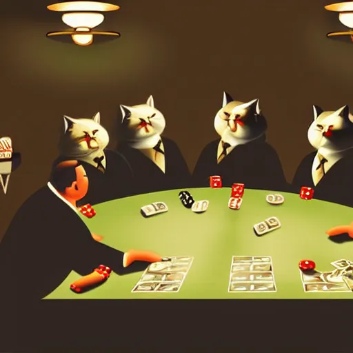 Image similar to fat mobster cats gambling at a table with a single light overhead, dark room, smoke fills the room, american art style