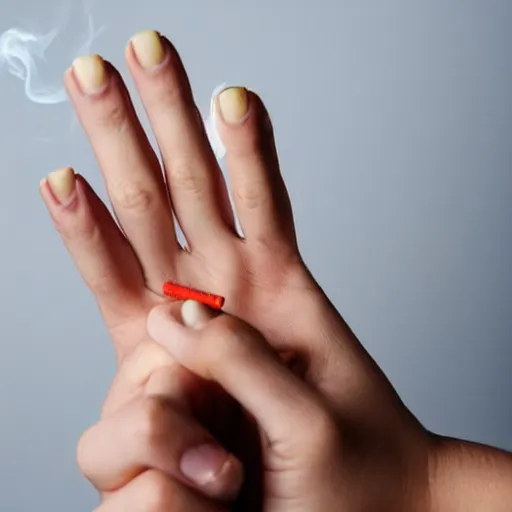 Image similar to a normal female hand with five fingers and ring hold joint, a cigarette between the middle and index fingers, a cigarette, smoke