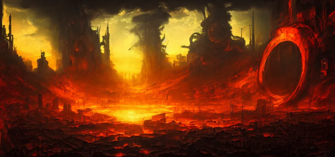 Prompt: baroque oil painting of environment of a hell portal in a cyberpunk world, brutalist, dark fantasy, sunset, rule of thirds, digital cel shading, fake hidden detail, trending on pixiv fanbox