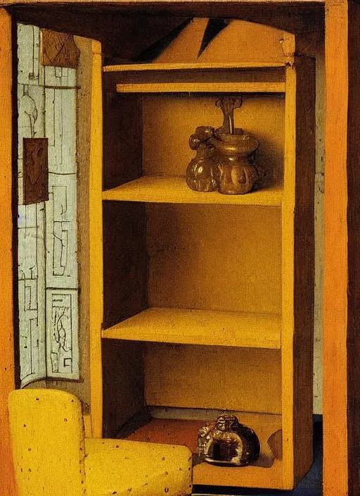 Image similar to bookshelf with children toys, medieval painting by jan van eyck, johannes vermeer, florence