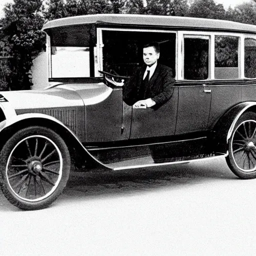 Prompt: elon musk sitting in a 1920's car