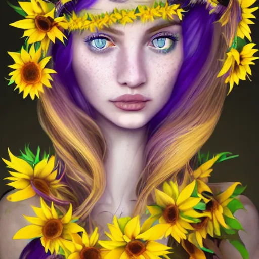 Image similar to a beautiful stunning matte digital portrait illustration of a blue-eyed woman with freckles and violet hair wearing a yellow sunflower crown, in the style of Ross Tran, trending on artstation, contest winner