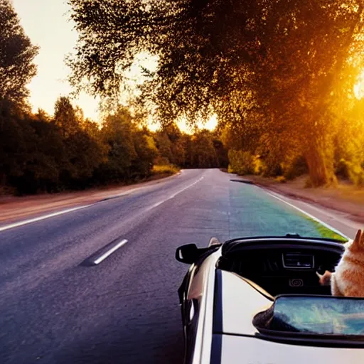 Prompt: convertible with cat driving on road, clear sky, golden hour, unobstructed road