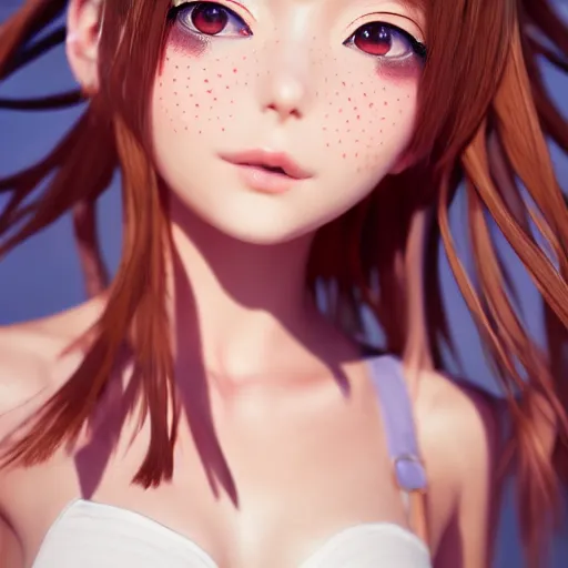 Image similar to Render of a very beautiful 3d anime girl, long hair, hazel eyes, cute freckles, full round face, short smile, cute sundress, golden hour, serene beach setting, medium shot, mid-shot, highly detailed, trending on Artstation, Unreal Engine 4k