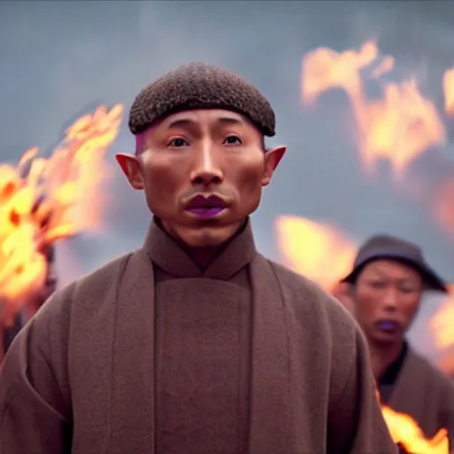 Image similar to cinematic film still Pharrell Williams starring as a Samurai holding fire, Japanese CGI, VFX, 2003, 40mm lens, shallow depth of field,film photography