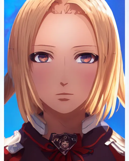 Image similar to Alice Zuberg by Zeronis and Avetetsuya Studios and Mitsu Art, Alicization, flowing blonde hair, anime, symmetrical face, blue eyes, elegant, sunset, trending on artstation, artstationHD, artstationHQ, patreon, 4k, 8k