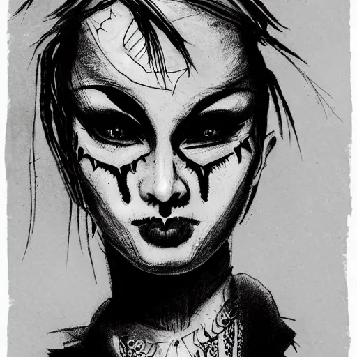Prompt: goth punk from chicago, character portrait, ink drawing, black and white, concept art by tim bradstreet