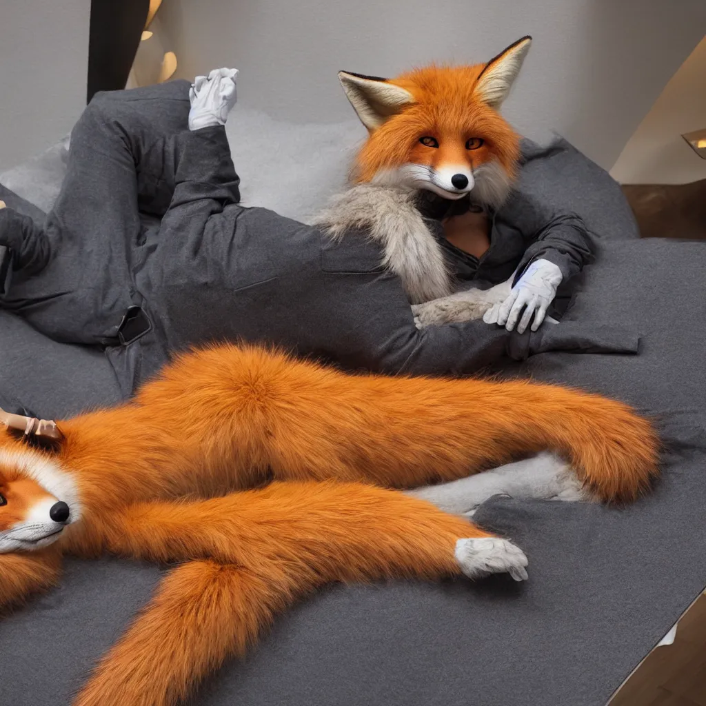 Image similar to anthropomorphic furry anthro fox lounging in a futuristic hotel