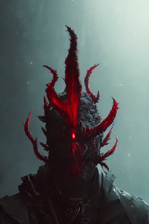 Prompt: A fancy portrait of a red demon by Greg Rutkowski, Sung Choi, Mitchell Mohrhauser, Maciej Kuciara, Johnson Ting, Maxim Verehin, Peter Konig, Bloodborne, 8k photorealistic, cinematic lighting, HD, high details, dramatic, dark atmosphere, trending on artstation