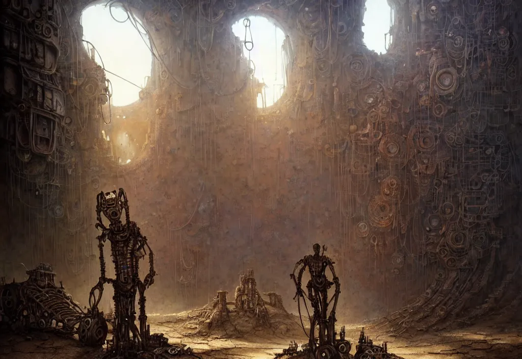 Image similar to A human in shamanistic robes performs a magical ritual to resurrect a mechanical horse inside a ancient steel ruins are covered with barchans of sand. Art by Finnian MacManus, Simon Stalenhag, Arthur Rackham. Masterpiece, closeup, fantasy art, cinematic, hyperdetailed, photorealistic, cyberpunk, postapocalyptic, steampunk, hyperrealism, octane render, 8k