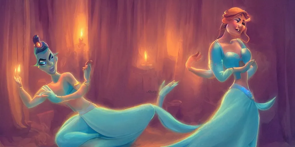 Prompt: beautiful genie girl, dancing in the palace room, beautiful elegant body, accurate body proportions, mysterious ambient lighting, digital art, fantasy vibes, style of disney