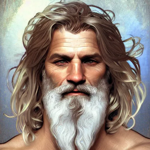 Image similar to painted portrait of rugged zeus, greek god, 4 0 years old, handsome, white hair, soft hair, upper body, muscular, hairy torso, fantasy, intricate, elegant, highly detailed, digital painting, artstation, concept art, smooth, sharp focus, illustration, art by alphonse mucha