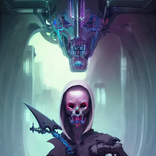 Prompt: a portrait of a cybernetic grim reaper, cyberpunk concept art by pete mohrbacher and wlop and artgerm and josan gonzales, digital art, highly detailed, intricate, sci-fi, sharp focus, Trending on Artstation HQ, deviantart, unreal engine 5, 4K UHD image