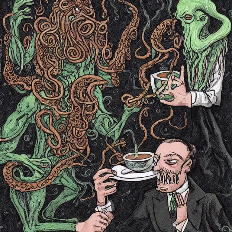 Prompt: cthulu drinking tea with satan