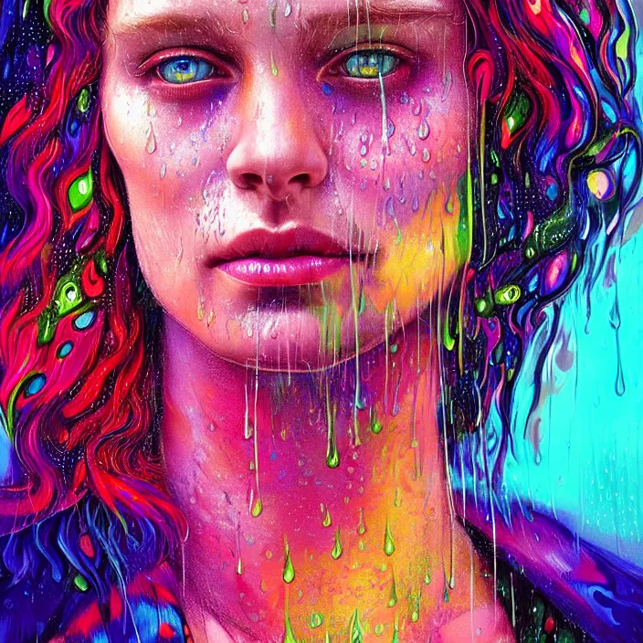Prompt: bright psychedelic portrait with rain on face and wet hair, wings, smiling, diffuse lighting, fantasy, intricate, elegant, highly detailed, lifelike, photorealistic, digital painting, artstation, illustration, concept art, smooth, sharp focus, art by John Collier and Albert Aublet and Krenz Cushart and Artem Demura and Alphonse Mucha