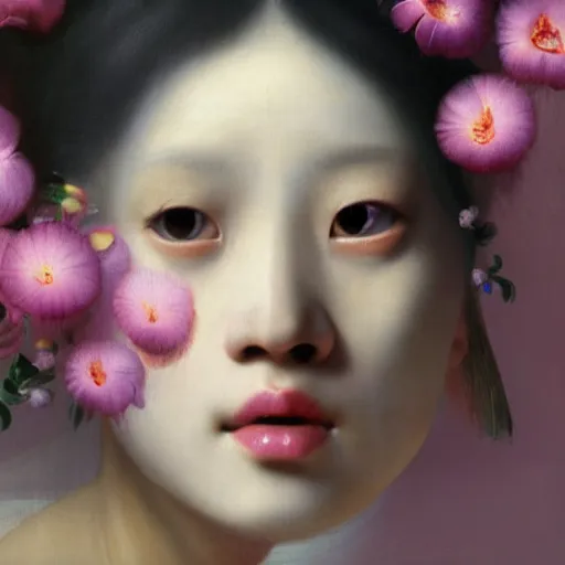 Prompt: a closeup portrait of one beautiful kpop goddess with swirling coloured hair and a wall of flowers behind her, painted by diego velazquez and rachel ruysch and vermeer and ambrosius bosschaert, hyperrealism, dark, dramatic lighting, analogous complementary colour scheme, trending in artstation, octane, rendered