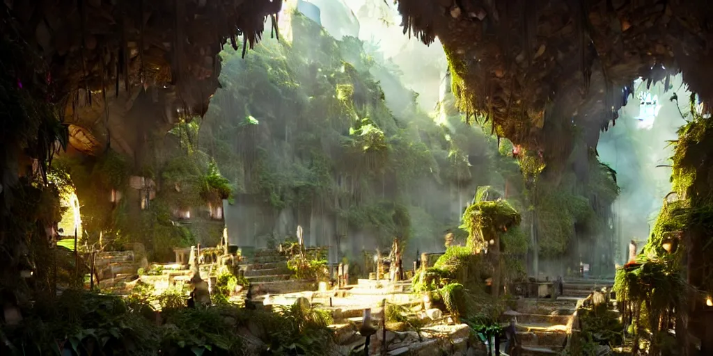 Prompt: City hidden in a cave, natural light, lush plants and flowers, elegant, intricate, fantasy, atmospheric lighting, by Greg rutkowski