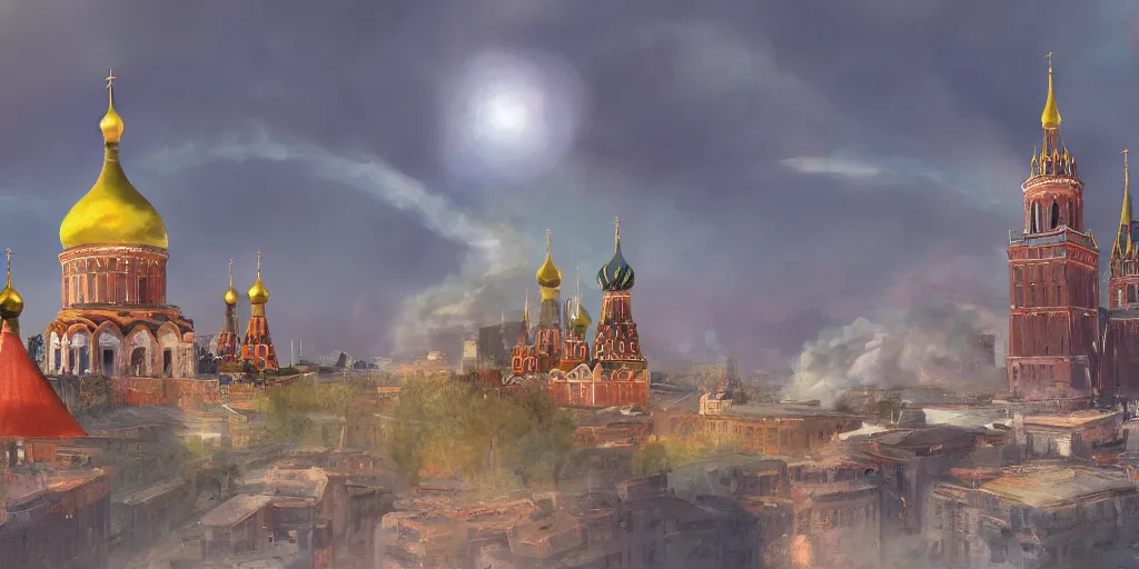 Prompt: a beautiful painting of nuclear strike on Kremlin by Shinkai Makoto, 4k,high detail, advanced rendering whimsically designed art, 4k post-processing highly detailed,Soft illumination