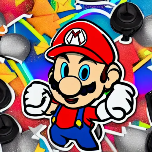 Image similar to svg sticker of a Pop-Wonder SuperMario, Mario-Wearing-a-red-hat, at a rave, spinning records, giant headphones rocking out, wearing headphones, huge speakers, dancing, rave, DJ, spinning records, digital art, amazing composition, rule-of-thirds, award-winning, trending on artstation, featured on deviantart