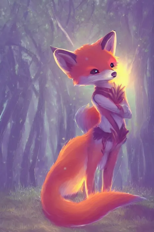 Image similar to a pretty medieval anthropomorphic fox with a fluffy tail in the forest, comic art, trending on furaffinity, cartoon, kawaii, backlighting, furry art!!!, radiant light, bokeh, trending on artstation, digital art