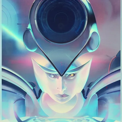 Image similar to scifi futurism automaton minimalism chrome by peter mohrbacher art Hajime Sorayama airbrush hyperrealism model abstract shatter fragments cubism futurism pastel blue soft flat minimal minimalism portrait face jackson pollock ukiyo-e lithograph mark ruthko swirl escape noise shimmer glow paint