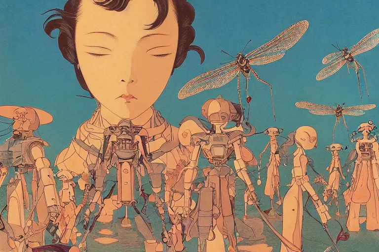 Image similar to gigantic dragonflies with human faces catch tiny robots, a lot of exotic mechas robots around, human heads everywhere, risograph by kawase hasui, dirtyrobot, edward hopper, satoshi kon and moebius, colorful flat surreal design, super - detailed, a lot of tiny details, fullshot