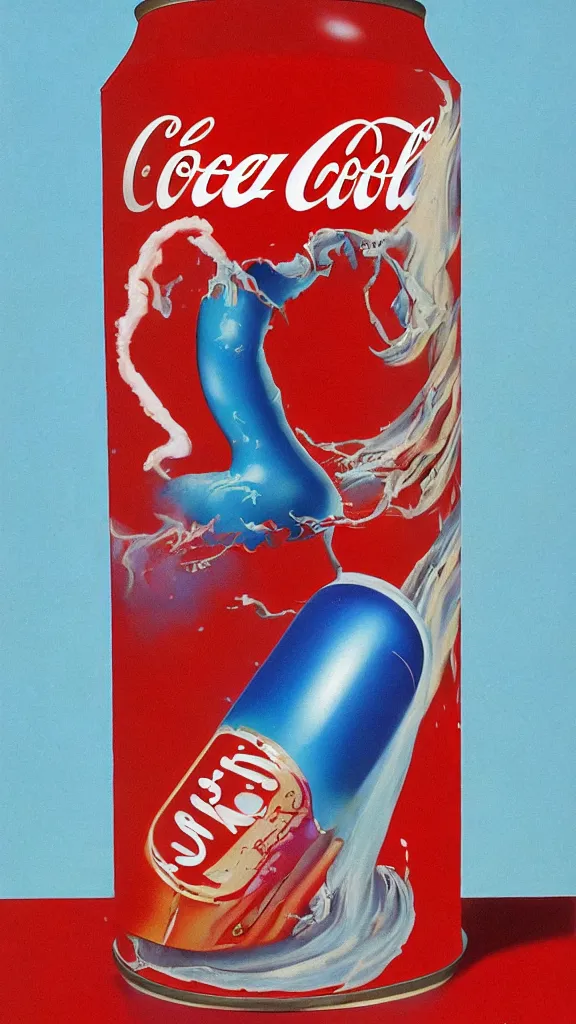 Image similar to 1 9 8 0 s airbrush surrealism illustration of a can of coke by roger dean