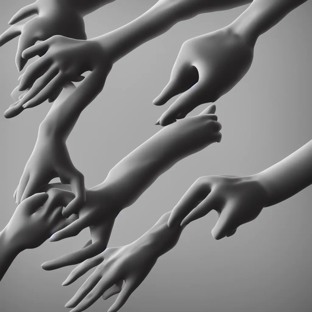 Prompt: black and white light 3D geometry, long hands reaching out for each other, matte bright highly detailed, epic, 3D render, digital art, octane render, 8K artistic photography, photo-realistic, by Hiroya Oku