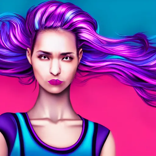 Image similar to a award winning half body portrait of a beautiful woman in a croptop with a ombre purple pink teal hairstyle with head in motion and hair flying, outrun, vaporware, vivid colors, highly detailed, fine detail, intricate