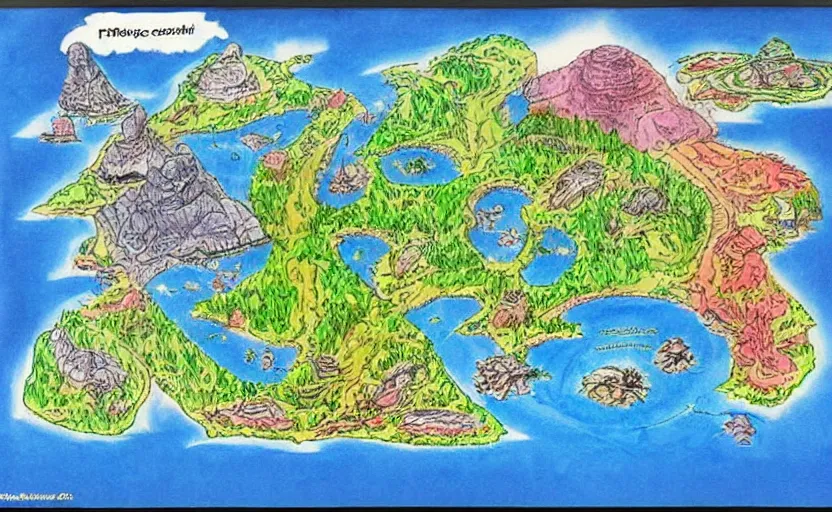 Image similar to futuristic fantasy island map, drawn with crayons, detailed