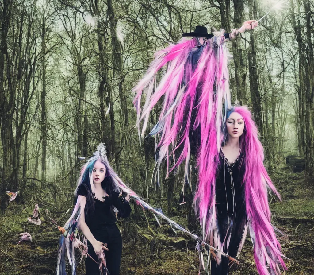 Image similar to realistic photo of a witch - like girl in a black cloack in jeans and with pastel pink hair and hazel eyes standing in woods full of sun beams holding a dreamcatcher and a tarot cards deck in a dreamy style, magical middleground with unicorns and a contemporary cityscape far on the background