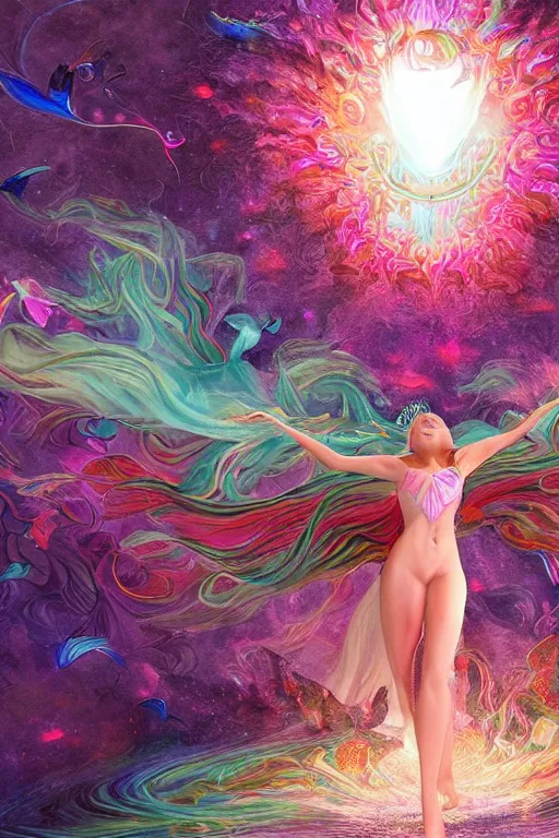 Prompt: overdetailed maximalist fullbody portrait of a beautiful female energy being transcending to her true form while floating over a surreal landscape. Made by oozium, inspired by silvio vieira, overpainted by loish. 8k 3d realistic render. Bright, sacred, spiritual, dawn, backlit, calm, relaxed, dynamic, ethereal, arcane, intricate, mysterious, dramatic, cinematic. Seen from below overpainted by erica robin and cameron gray