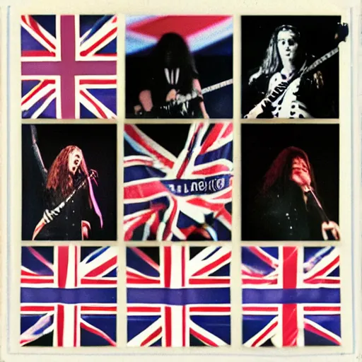 Image similar to 1 9 - year - old girl in a traditional doom metal band, new wave of british heavy metal, live in concert, live 1 9 8 6, united kingdom flags, union jack, playing electric guitar, headbanging crowd of longhairs, audience of longhairs, super 8 mm, grainy photo, colorized