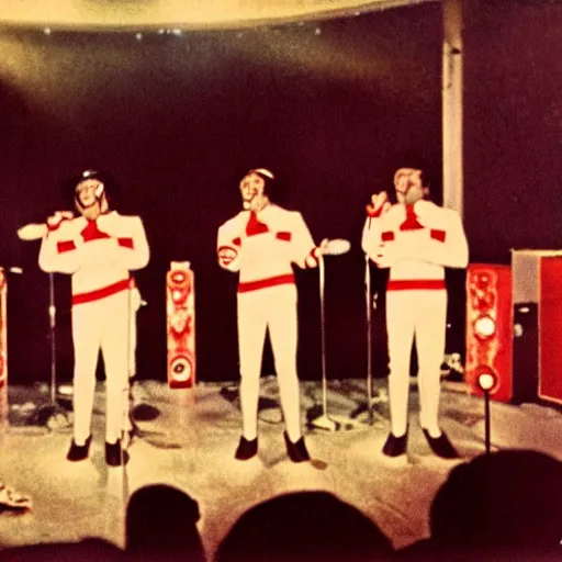 Image similar to still from a 1 9 6 0 s concert film, a group of 4 men dressed in peppermint themed sailor outfits play a rock concert, moody lighting, viewed from afar, cinematic shot