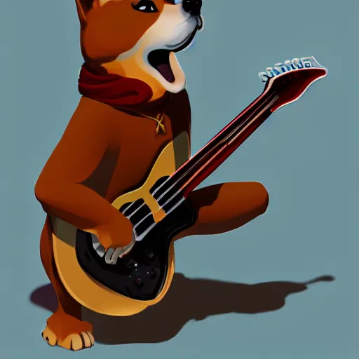 Image similar to shiba inu man, anthropomorphic, Anthro, furry, plays guitar, Artstation