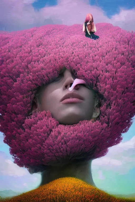 Prompt: closeup, a giant flowers head mohawk, woman in heather field, surreal photography, starlight, storm clouds, impressionist painting, digital painting, artstation, simon stalenhag