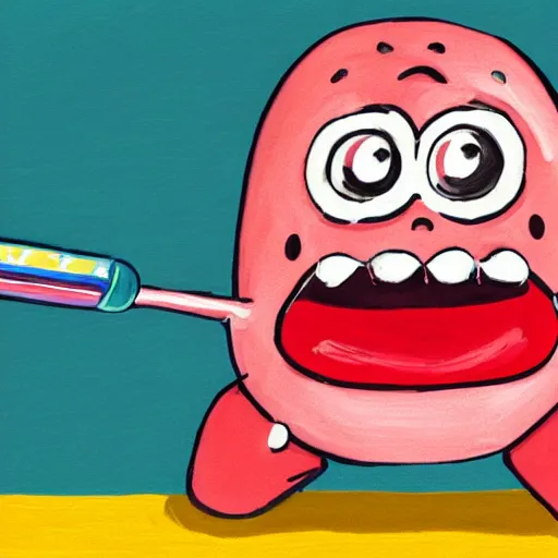 Image similar to a cute strawberry with two front teeth, holding a yellow toothbrush, in the style of roz chast